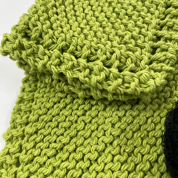 Hand Knit Dish Cloth Set of 2 Plus Scrubbie 100% Cotton Chartreuse Green Black - Picture 3 of 6